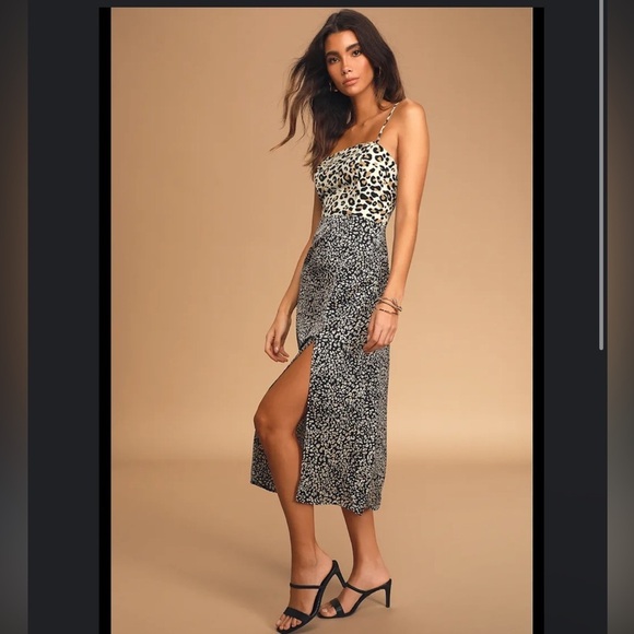 Lulus Being Bold Leopard Print Satin Midi Slip Dress Small - Picture 4 of 8